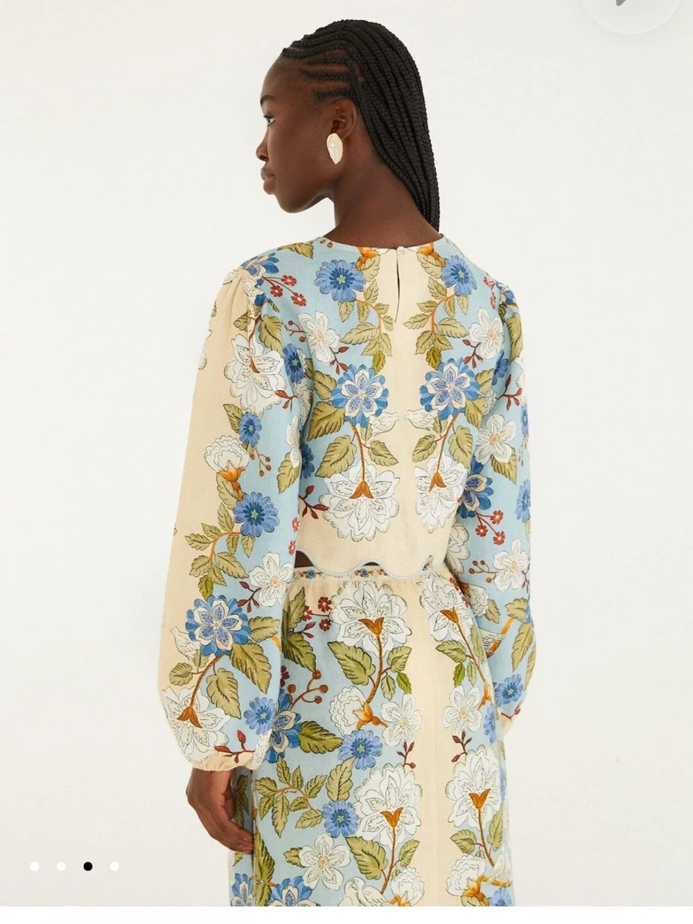 FARM Rio Blue and Cream Floral Scalloped Crop Blouse